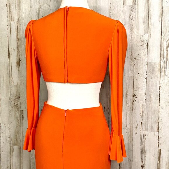 Mac Duggal Orange Long Sleeve Cutout Ruffle Cuffs Fitted Floor Length Dress Sz 0 - Picture 5 of 10